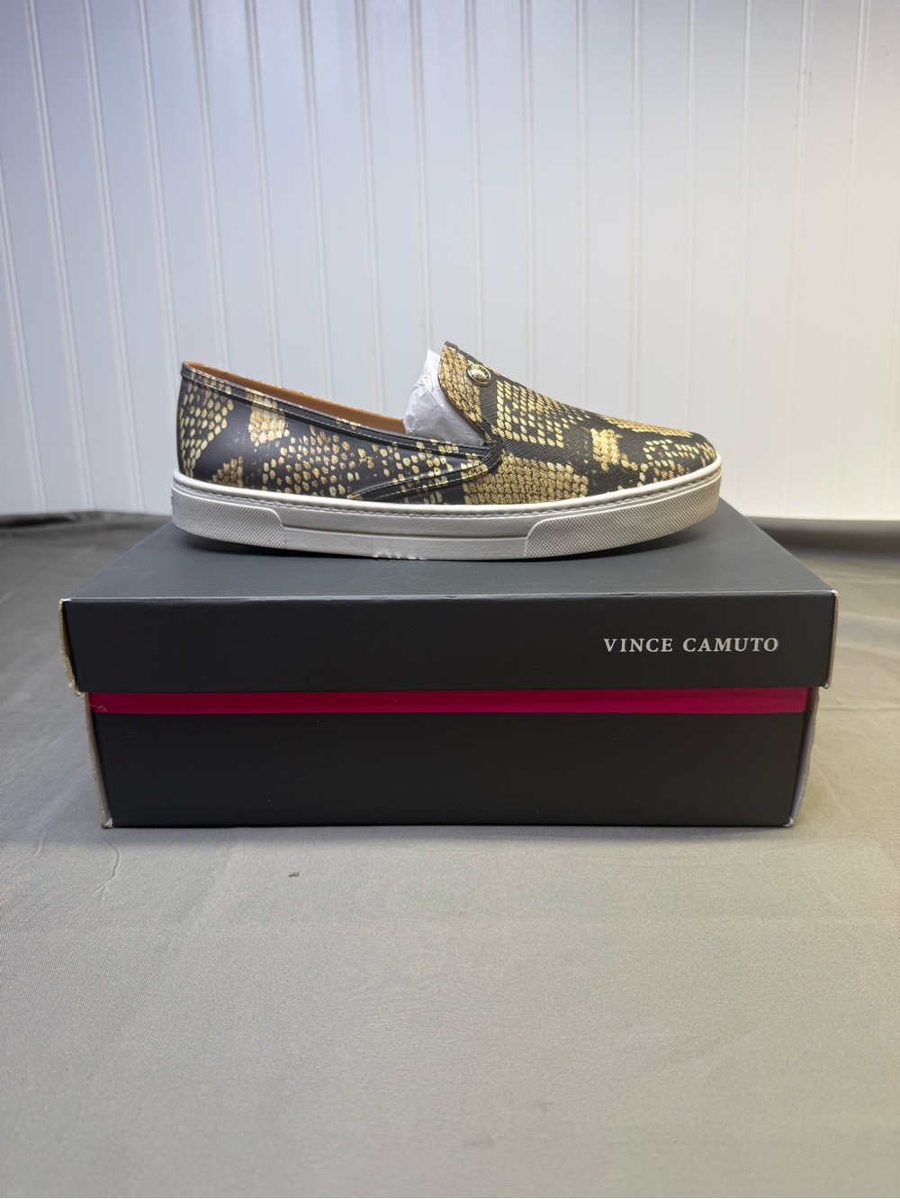 Vince Camuto Black & Gold Snake-Print Slip-On Sneaker